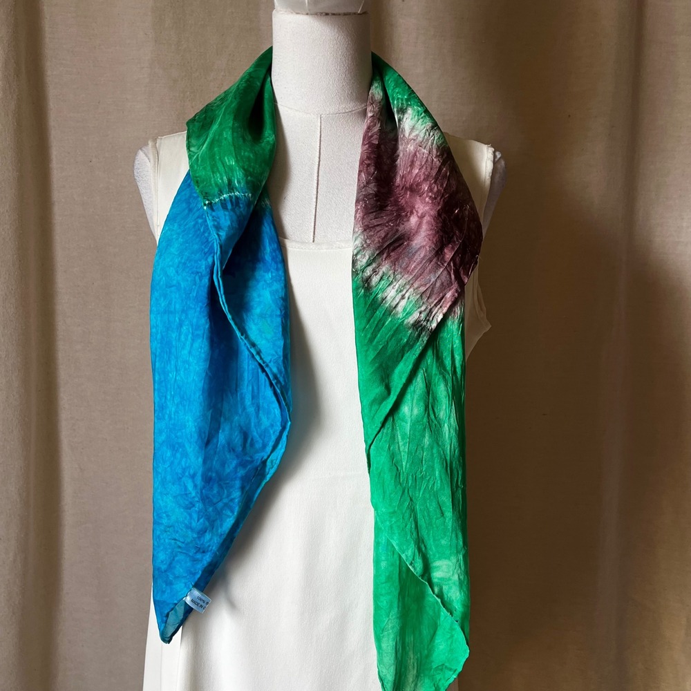 Vintage Silk Scarf Green Blue Abstract Tie Dye Square 34x32